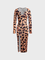 side slit Cross Neck Leopard Long Sleeve Midi Dress