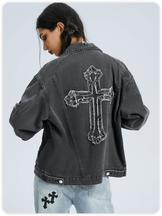 Denim Unisex Shawl Collar Cross Long Sleeve Jacket