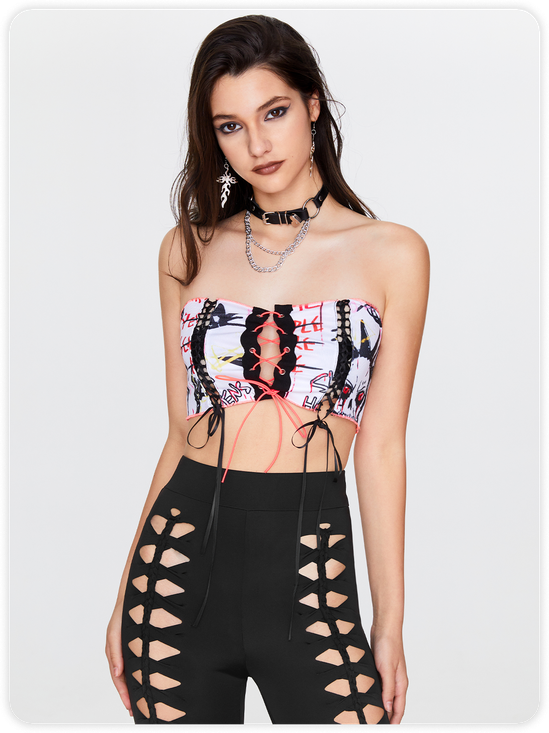 【Final Sale】Edgy White Graffiti Lace Up Halloween Top Women Top