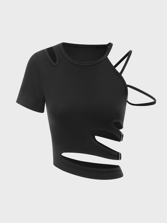 Edgy Black Cut Out Asymmetrical Design Slim Top T-Shirt