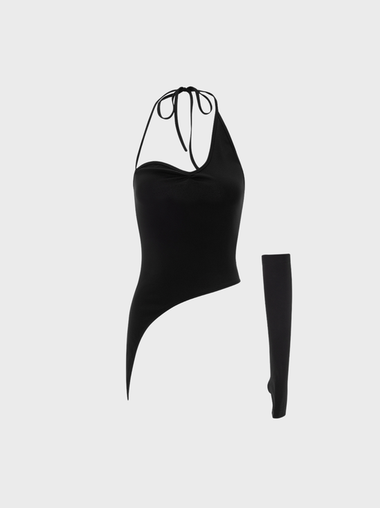 【Final Sale】Street Black Asymmetrical Design Arm Sleeves Halter Top Women Top