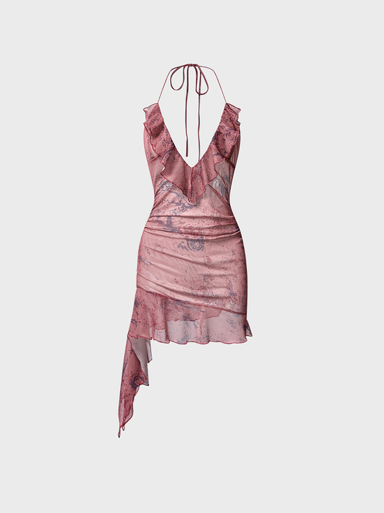asymmetrical design V Neck Floral Sleeveless Short Dress
