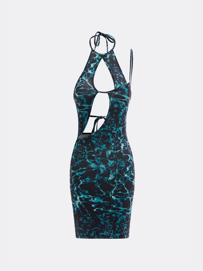 【Final Sale】Edgy Blue Marbling Cut Out Halter Dress Mini Dress