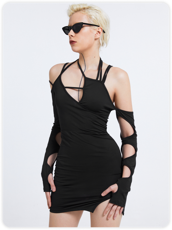 【Final Sale】Edgy Black Lace Up Asymmetrical Design Cyberpunk Dress Mini Dress