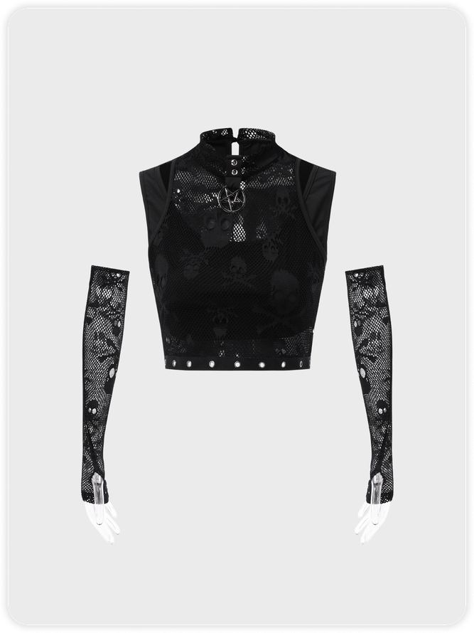 【Final Sale】Punk Black Slim Mesh Patchwork Halloween Top Women Top