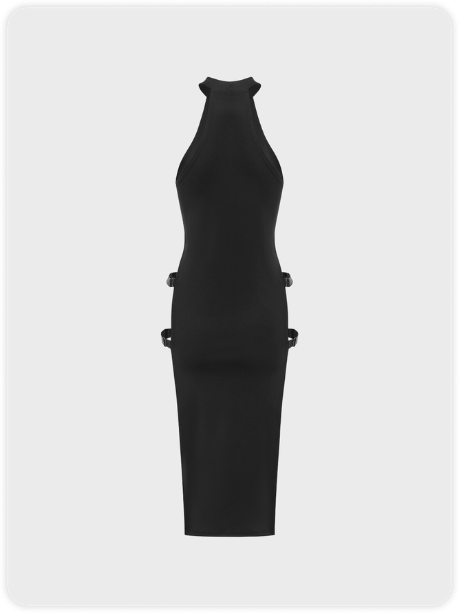 【Final Sale】Edgy Black Cut Out Cyberpunk Dress Midi Dress