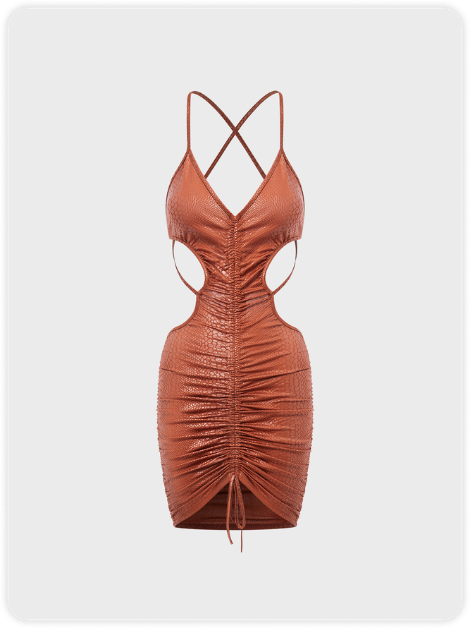 【Final Sale】Street Brown Lace up Cut out Drawstring Party Dress Mini Dress