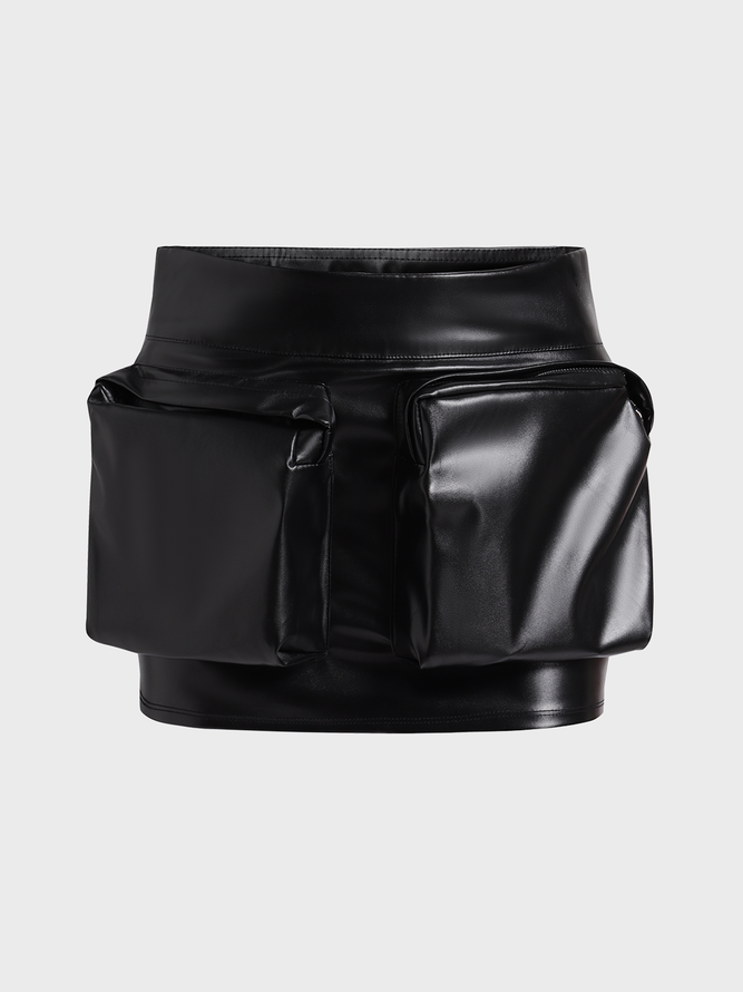 【Final Sale】Street Black Leather Pockets Bottom Skirt