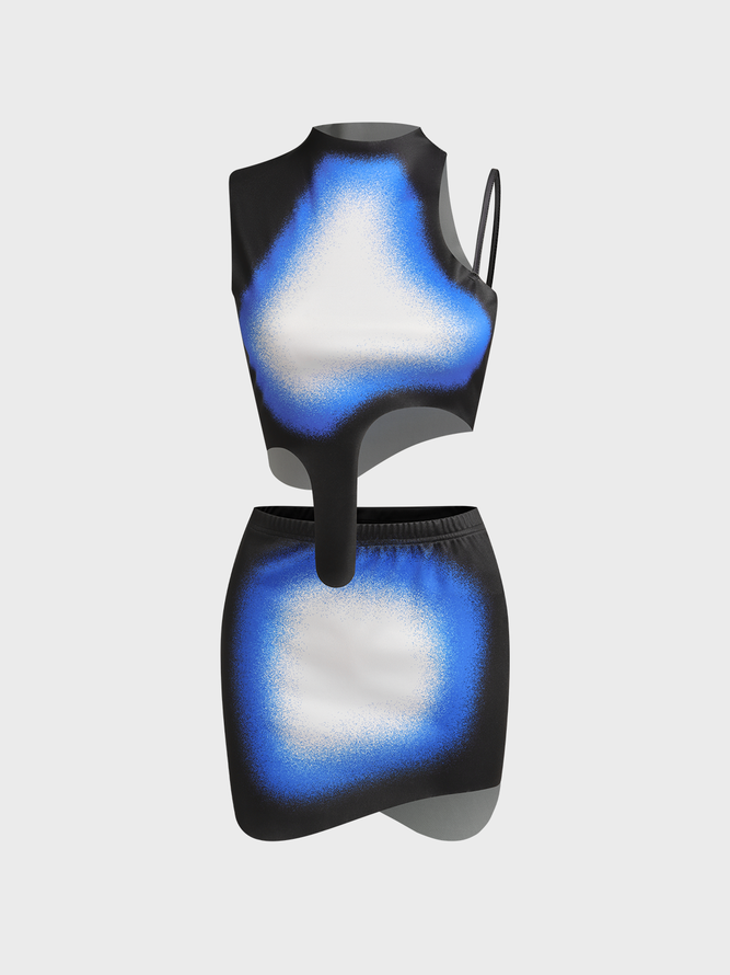 【Final Sale】Edgy Blue Color block Asymmetrical design Two-Piece Set