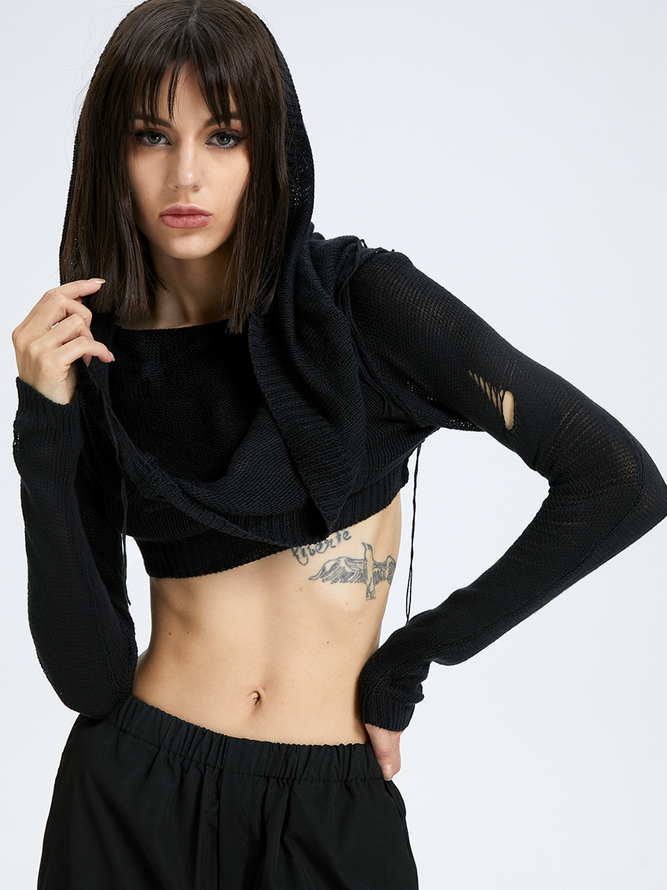 Edgy Black Hooded Cut Out Top Sweater