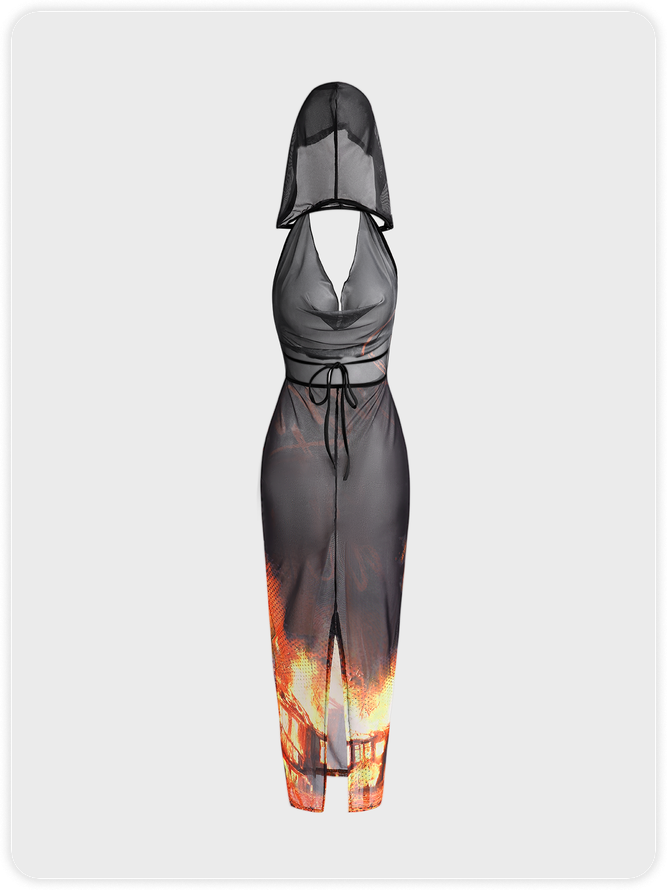 【Final Sale】Edgy Black Body print Backless Dress Midi Dress