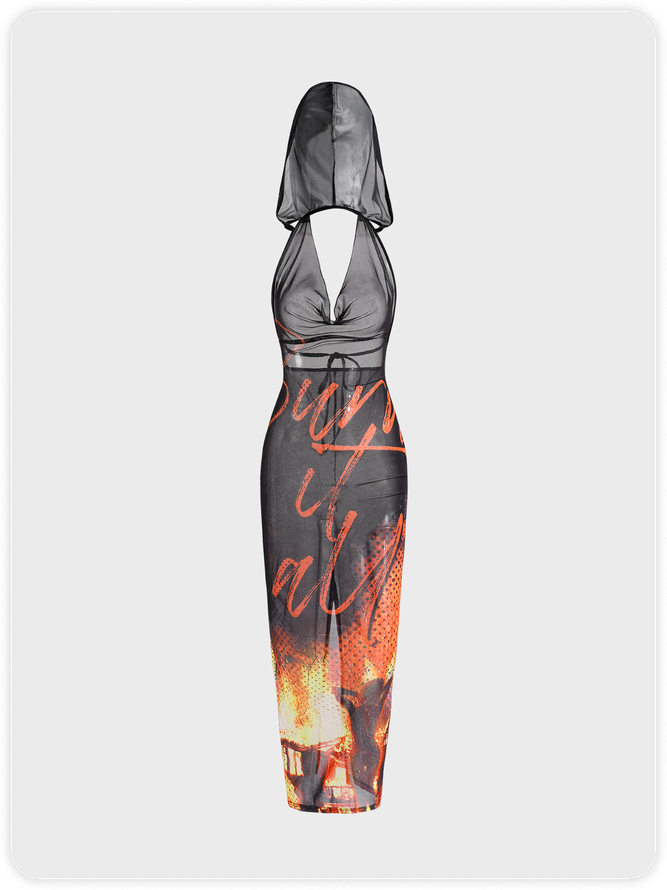【Final Sale】Edgy Black Body print Backless Dress Midi Dress