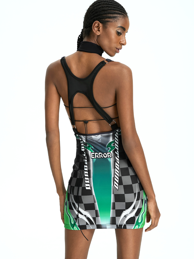【Final Sale】Street Green Racing style Backless Cyberpunk Dress Mini Dress