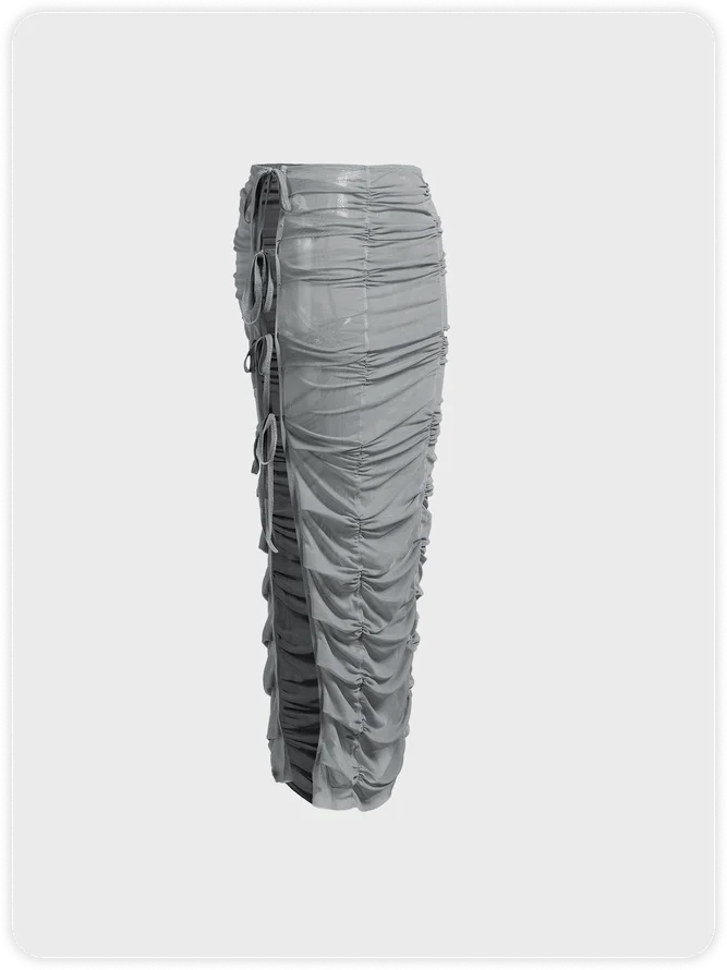 【Final Sale】Lace Up Wrinkled Mesh Plain Maxi Skirt