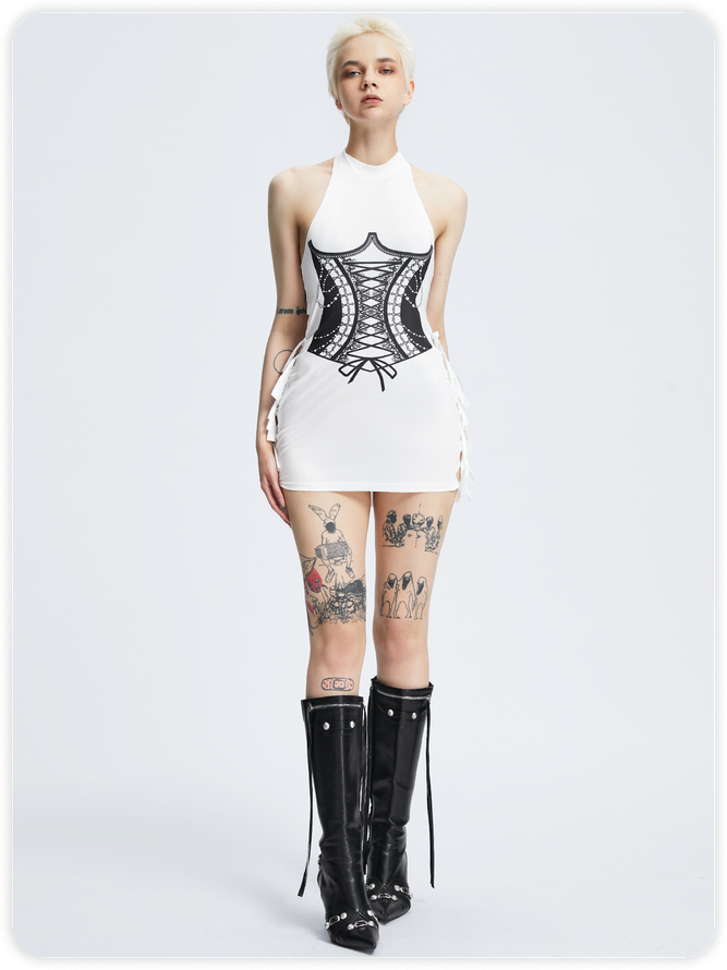 【Final Sale】Y2k White Cut out Corset body print Dress Mini Dress