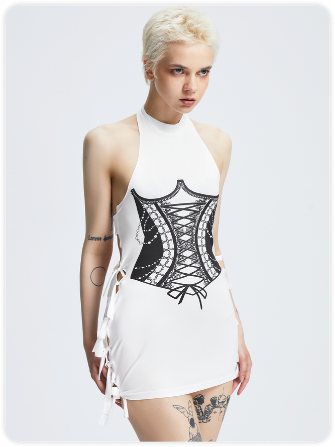 【Final Sale】Y2k White Cut out Corset body print Dress Mini Dress