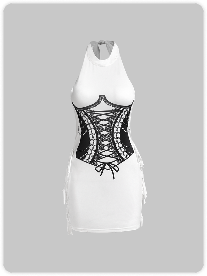 【Final Sale】Y2k White Cut out Corset body print Dress Mini Dress