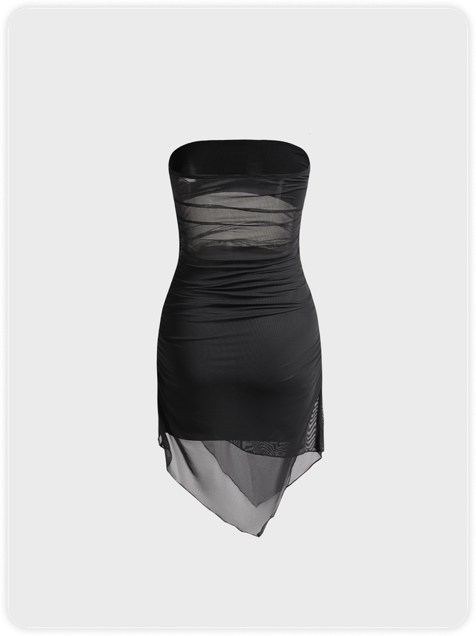 【Final Sale】Mesh Irregular Hem Strapless Plain Sleeveless Short Dress