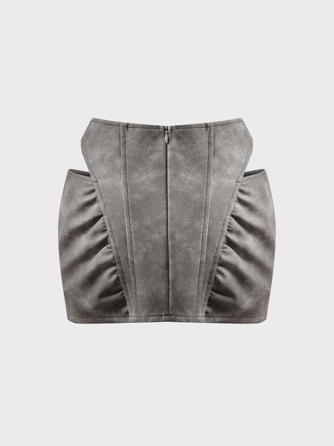 【Final Sale】Edgy Gray PU Cut out Bottom Shorts