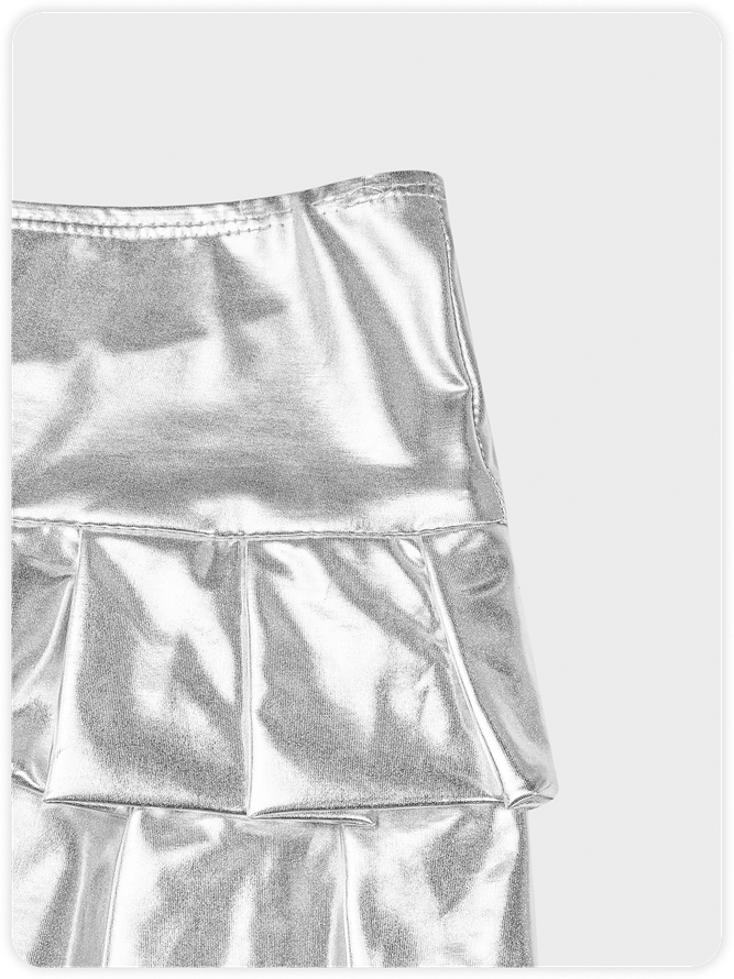 PU Ruffles Asymmetrical Sleated Silver Short Skirt