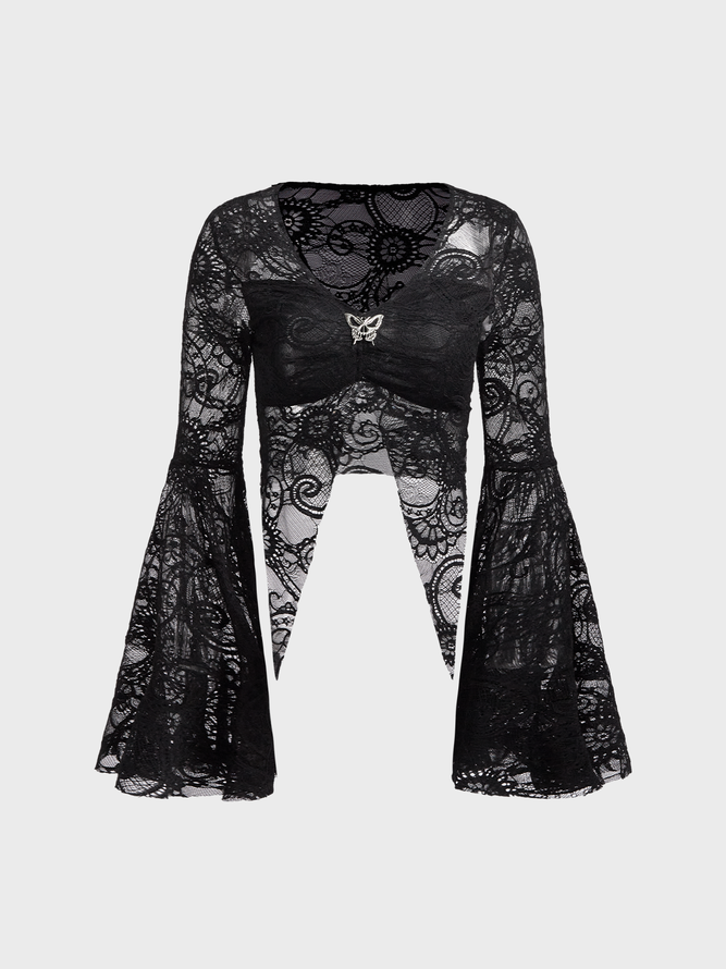 【Final Sale】Lace Flare Sleeve Metal Details Long Sleeve Shirt