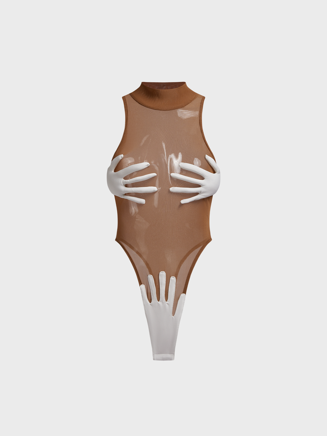 3D Hand Print Crew Neck Human Body Sleeveless Bodysuit