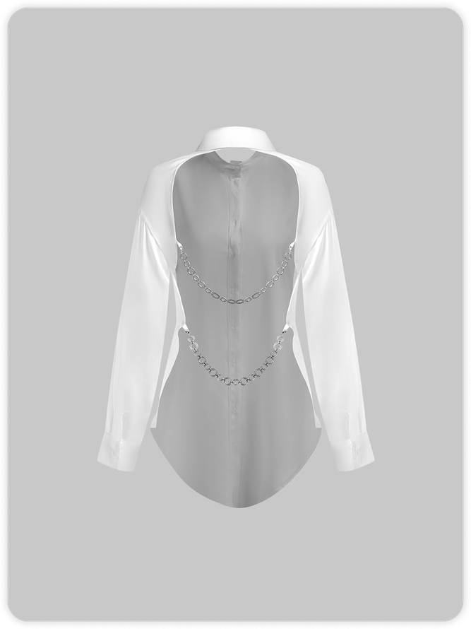 Backless Metal Chain Shirt Collar Plain Long Sleeve Blouse