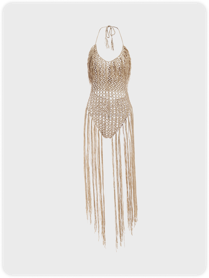 【Final Sale】Knitted Fringe Halter Plain Hollow Out Sleeveless Bodysuit