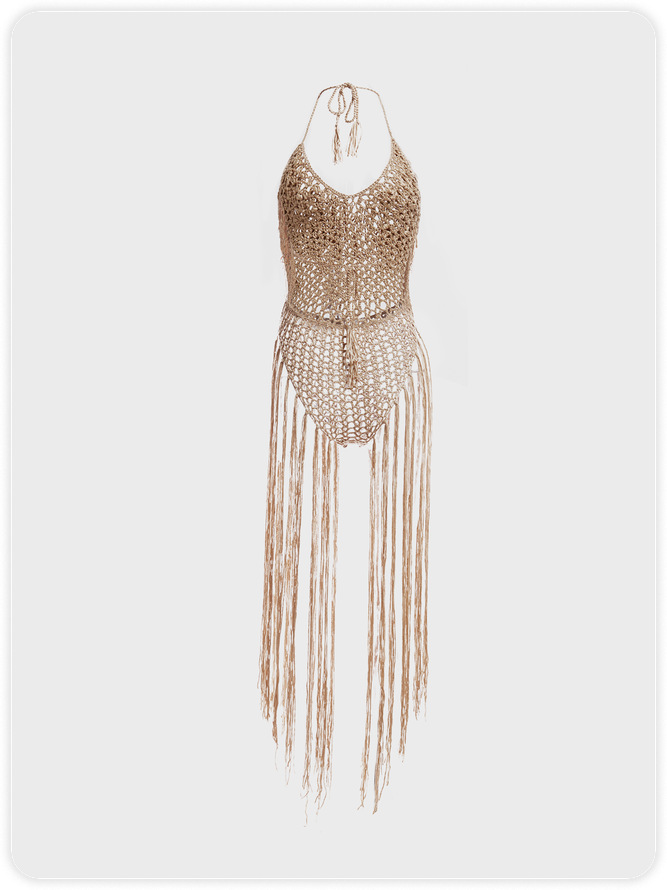 【Final Sale】Knitted Fringe Halter Plain Hollow Out Sleeveless Bodysuit