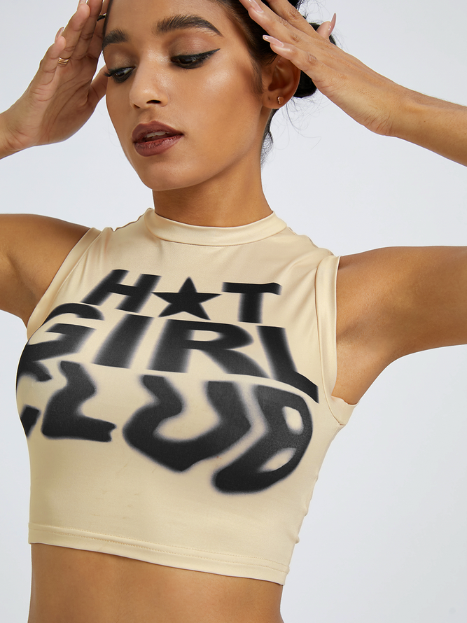 Y2k Khaki Graphic Basic Top Tank Top & Cami