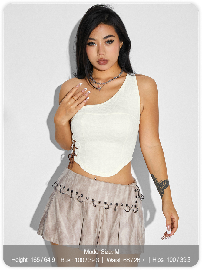 Jacquard Texture Lace Up One Shoulder Plain Crop Top