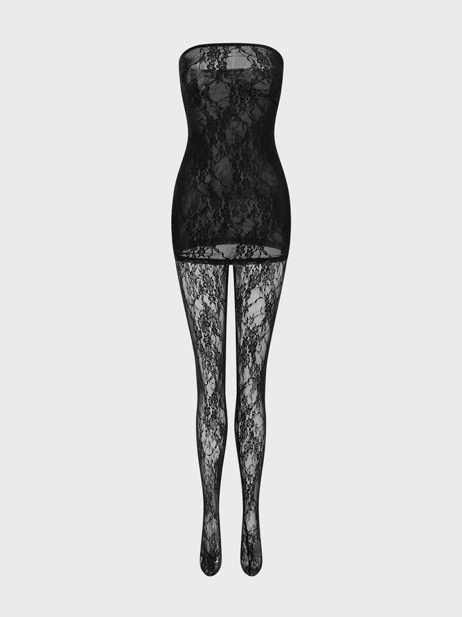 Lace Mesh Plain Tube Dress With Tights Two-Piece Set