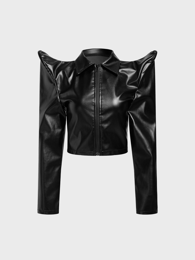 【Final Sale】PU Shawl Collar Plain Long Sleeve Jacket