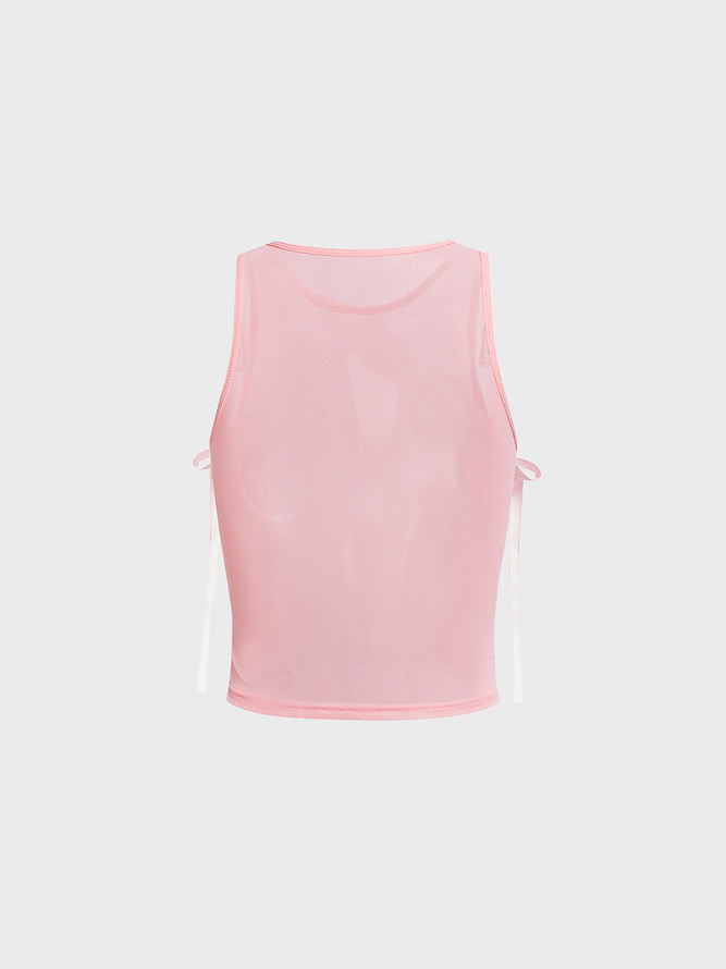 Mesh Bowknot Crew Neck Plain Tank Top