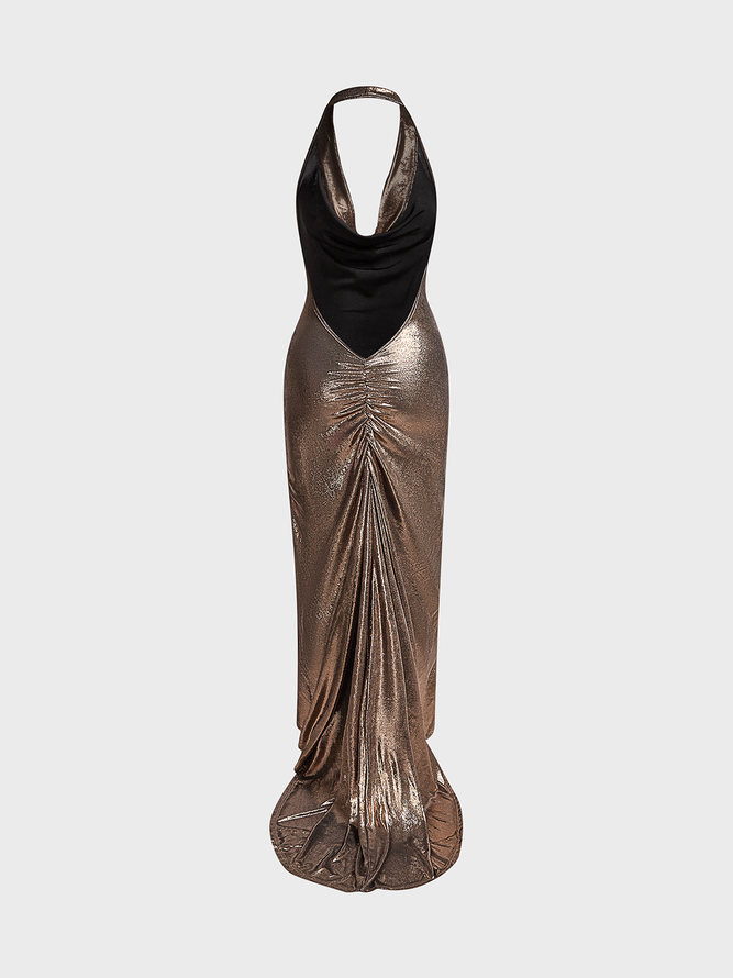 Metallic Halter Plain Sleeveless Maxi Dress