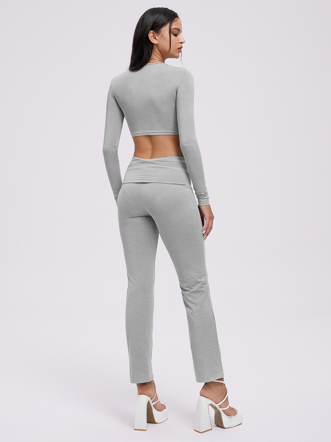 Crew Neck Long Sleeve Plain Top With Pants Two-Piece Set