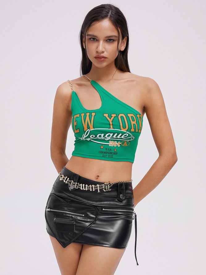 Street Green Asymmetrical Design Metal Letter Top Tank Top & Cami