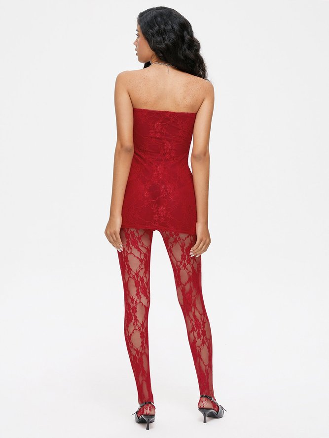 Lace Mesh Plain Tube Dress With Tights Two-Piece Set