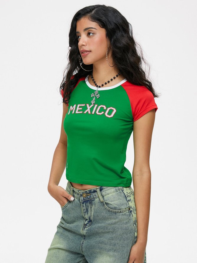 Mexico Crew Neck Color Block Short Sleeve T-Shirt