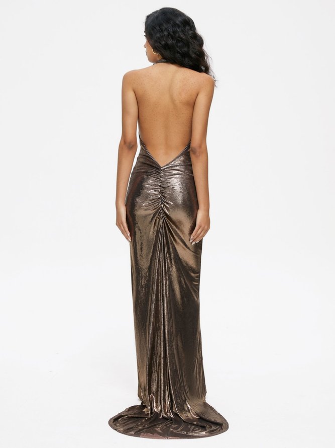 Metallic Halter Plain Sleeveless Maxi Dress