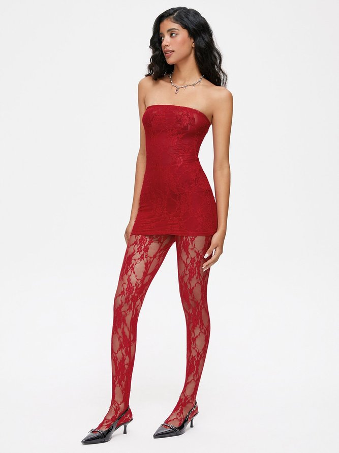 Lace Mesh Plain Tube Dress With Tights Two-Piece Set