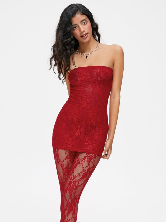 Lace Mesh Plain Tube Dress With Tights Two-Piece Set