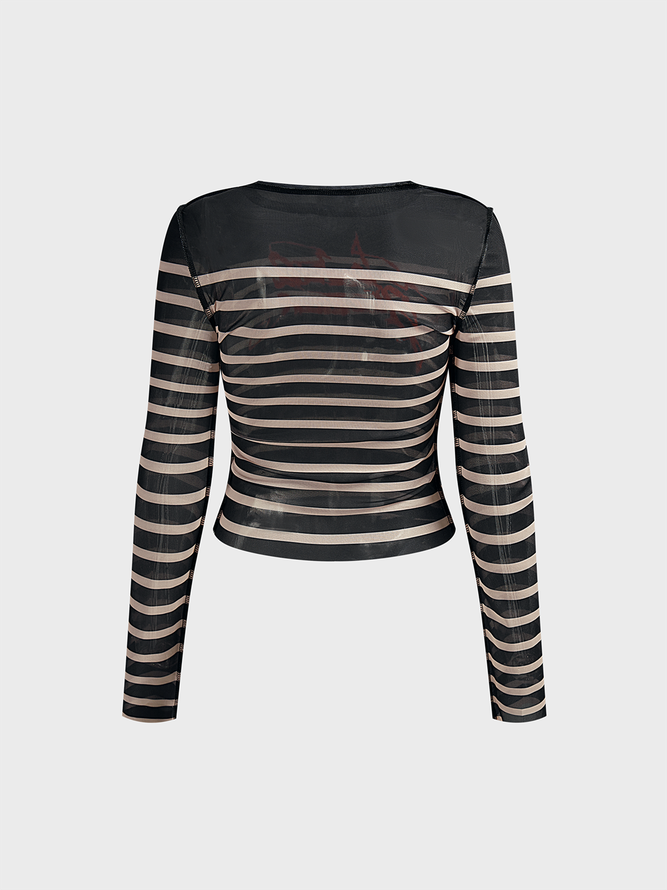 Mesh Crew Neck Striped Long Sleeve T-shirt