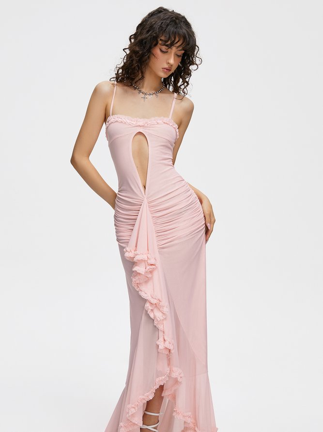 asymmetrical design Spaghetti Plain Sleeveless Maxi Dress