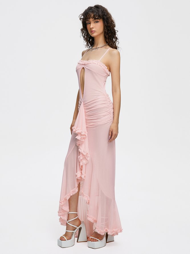 asymmetrical design Spaghetti Plain Sleeveless Maxi Dress