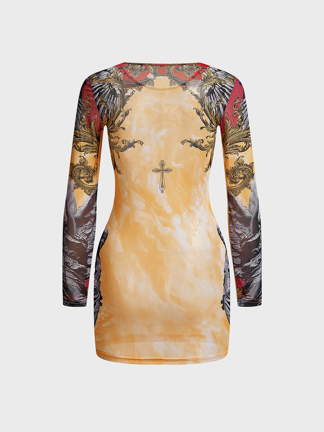 body print Crew Neck Abstract Long Sleeve Short Dress