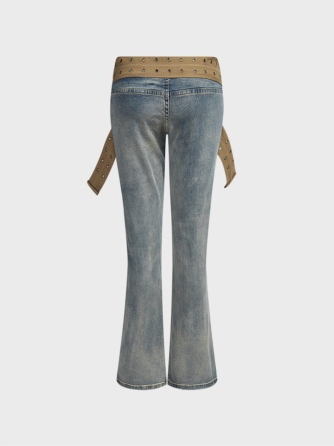 Denim belt Plain Flare Pants Jeans