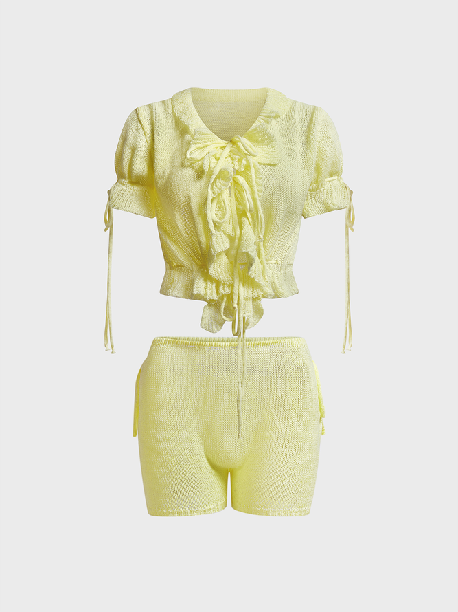 Tie Front Plain Top With Pants Two-Piece Set