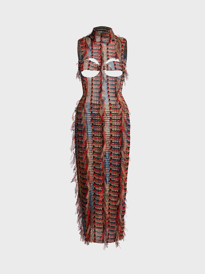 Cut Out Turtleneck Striped Sleeveless Maxi Dress
