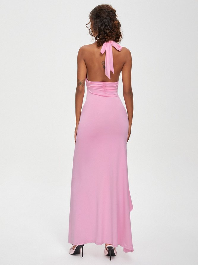 ruffles Side Slit Halter Plain Sleeveless Maxi Dress